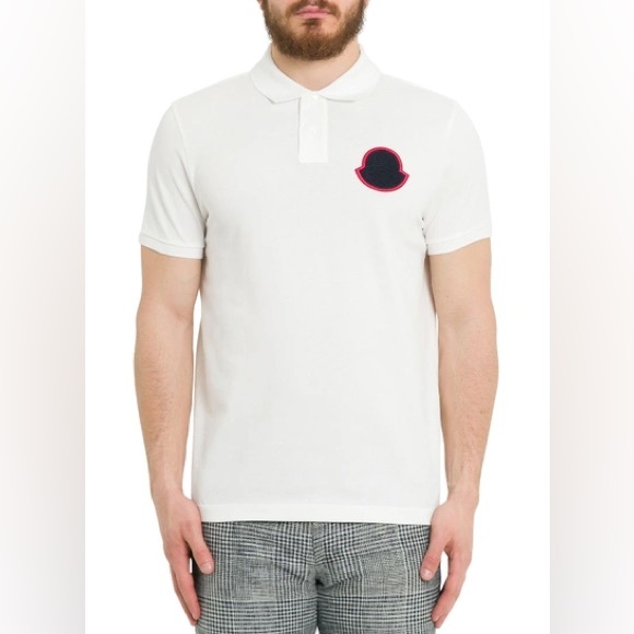Like New Men’s Size Small MONCLER Chenille Logo Patch Polo Shirt White/Black/Red - Picture 6 of 16